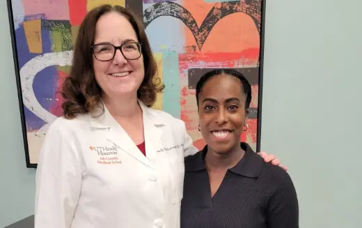 Louise McCullough, MD, PhD, treated Monique Dorsey (right) after she experienced an uncommon form of preeclampsia five days after her children were born. (Photo by Deborah Mann Lake/UTHealth Houston)
