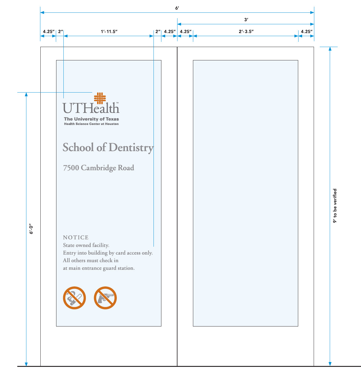 Diagram of a glass door decal for the UTHealth Houston School of Dentistry, showing logo, address, access notice, and prohibited items, with measurements labeled in feet and inches.