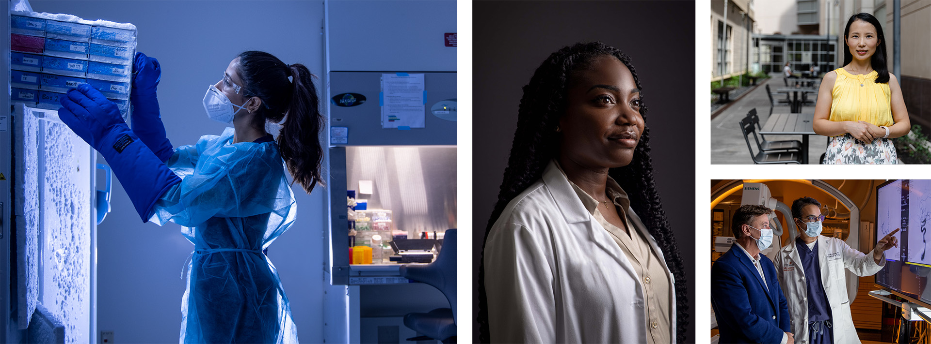 Composite image featuring five professional portraits of individuals in lab, clinical, and campus settings, representing diverse roles in healthcare, research, and education for UTHealth Houston Brand Photo Standards.