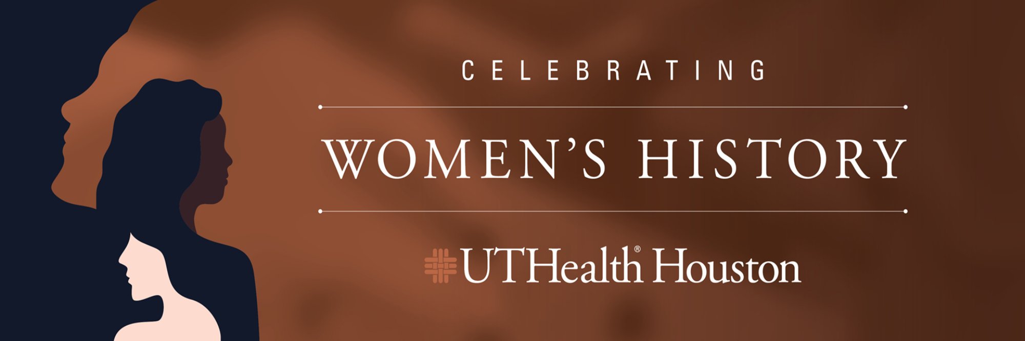 Banner image with a burnt orange background and silhouettes of women's faces with text that reads Celebrating Women's History