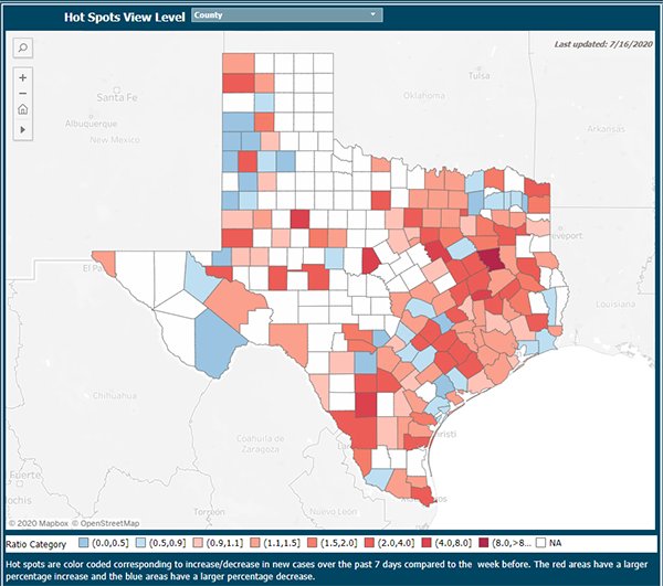 An image of the COVID-19 dashboard, showing the hot-spots at the county-level across Texas. Photo by UTHealth.