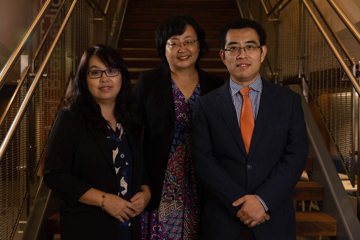 (L-R): Cui Tao, PhD; Hongfang Liu, PhD; and Xiaqian Jiang, PhD, were among the many researchers who were awarded grants for projects that center on medical artificial intelligence innovations. (Photo by David Sotelo/UTHealth Houston)