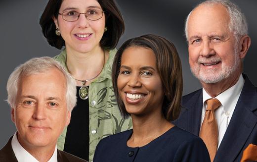 From left, John F. Hancock, MA, MD, BChir, PhD, ScD; Carmen Dessauer, PhD; LaTanya Love, MD; and Richard Andrassy, MD, have new leadership roles at UTHealth Houston.