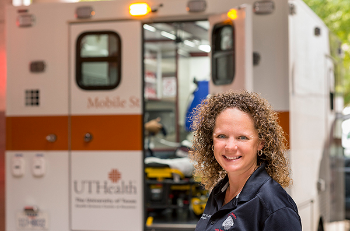 Stephanie Parker, MHA, BSN, RN, is one of three co-primary authors on a study showing that ischemic stroke patients treated on a mobile stroke unit had less disability at 90 days post-stroke. (Photo by Nash Baker)