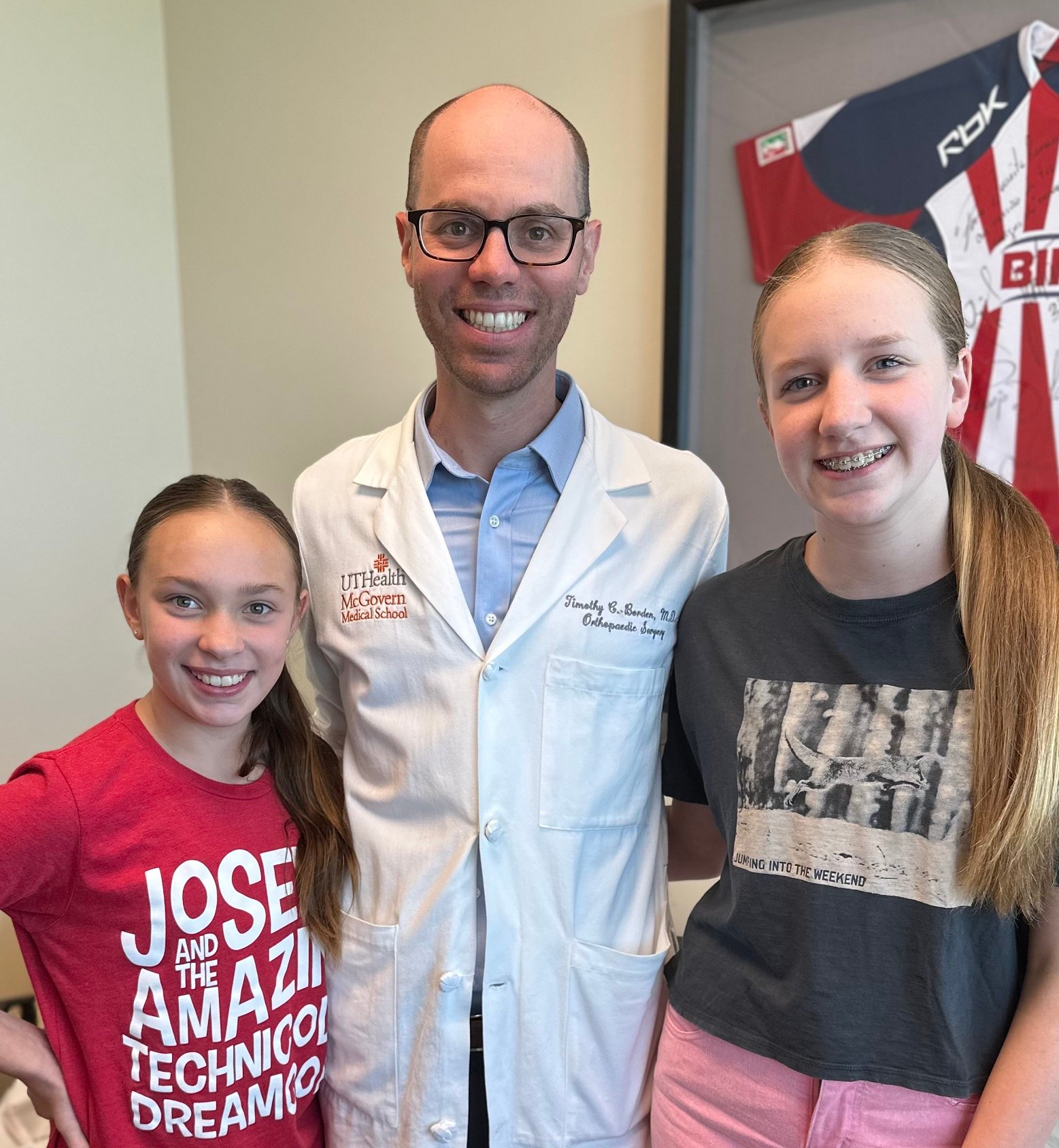 Scoliosis runs in the McDonald family. Timothy Borden, MD, also treats Ellison’s younger sister, Emily, who is just starting with a back brace. (Photo courtesy of McDonald family)