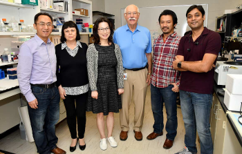Jake Chen, PhD; Eugenia Mileykovskaya, PhD; Sally Yoo, PhD; William Dowhan, PhD; Kazunari Nohara, PhD; and Venkata Mallampalli pose inside Chen’s Lab. Nohara and Mallampalli served as the first and second author of the paper.