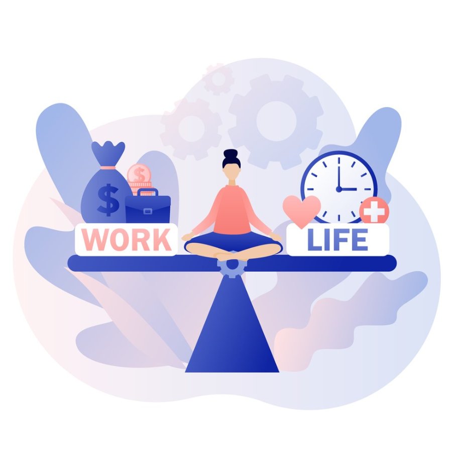 Graphic image of person on a balanced scale with work on the left and life on the right