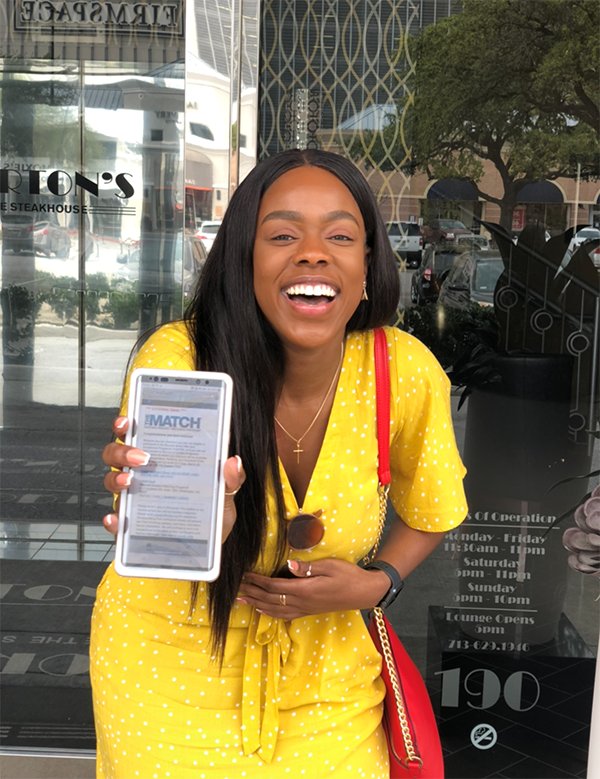 McGovern Medical School fourth-year student Sandra Coker opened her Match Day email to find out where she’d take the next step on her journey to become a physician. (Photo credit: Sandra Coker)