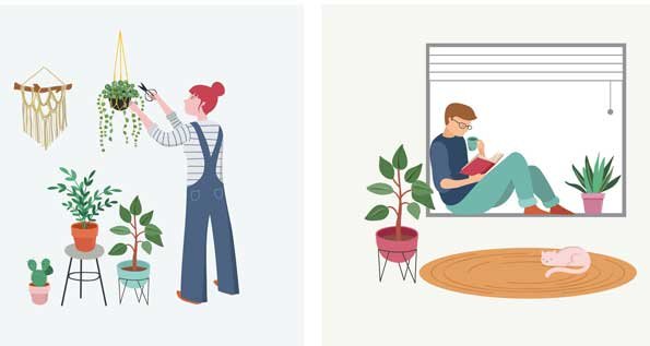 Two images of people doing mentally-healthy thing. A character on the left is watering plants, while the one on the right is reading a book in a window.