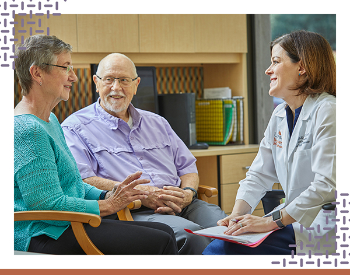 A photograph of a physician with an older couple and the words, at UTHealth, we have many stories to tell.