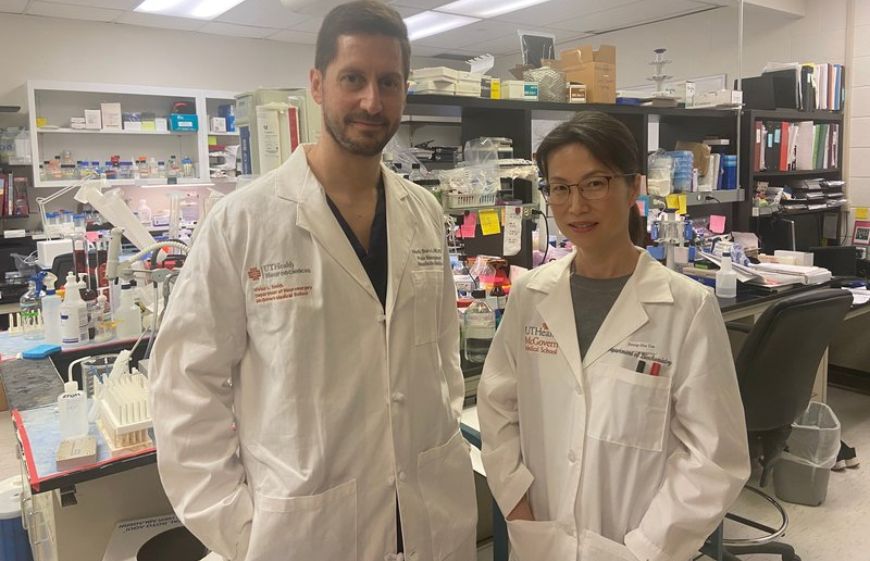 Study authors Mark J. Burish, MD, PhD, and Seung-Hee Yoo, PhD, stand in a lab at McGovern Medical School. (Photo by Caitie Barkley/UTHealth Houston)
