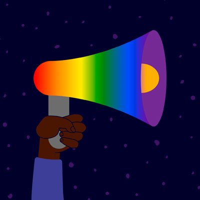 stock graphic of a hand holding up a rainbow colored megaphone. (Photo by Getty Images)