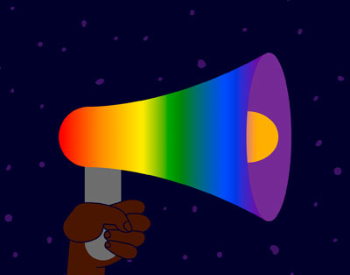 stock graphic of a hand holding up a rainbow colored megaphone. (Photo by Getty Images)