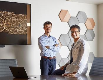 Photo of Luca Giancardo, PhD and Sunil Sheth, MD, who are working together to develop new technology to assess stroke patients to see if they can benefit from endovascular stroke therapy. (Photo by Terry Vine)