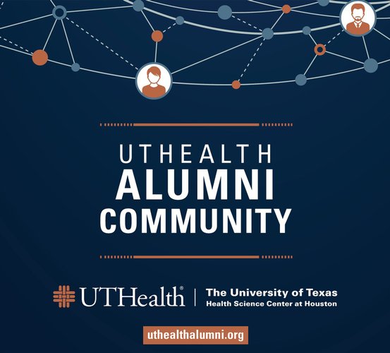 Graphic displaying UTHealth Alumni Community name and UTHealth logo.