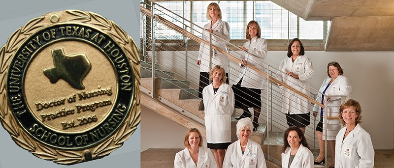 Image of Doctor of Nursing Practice medallion overlays the first DNP graduates.