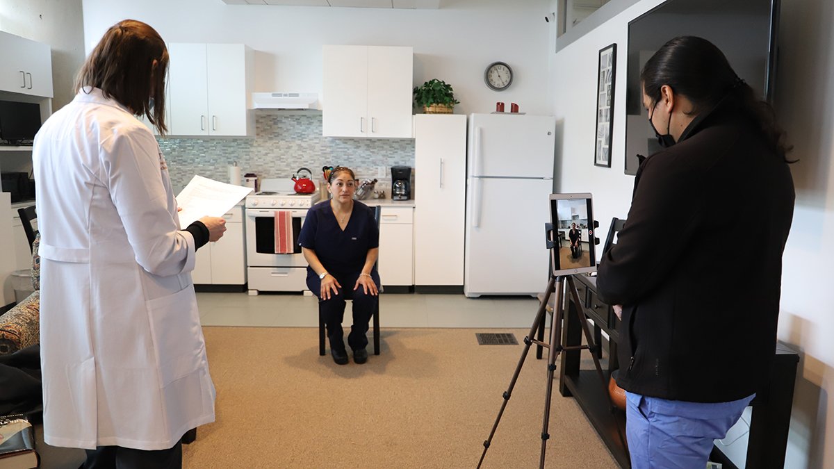Stroke survivor Glenda Torres participates in Dr. Jennifer Beauchamp’s motion capture study in the Smart Apartment.