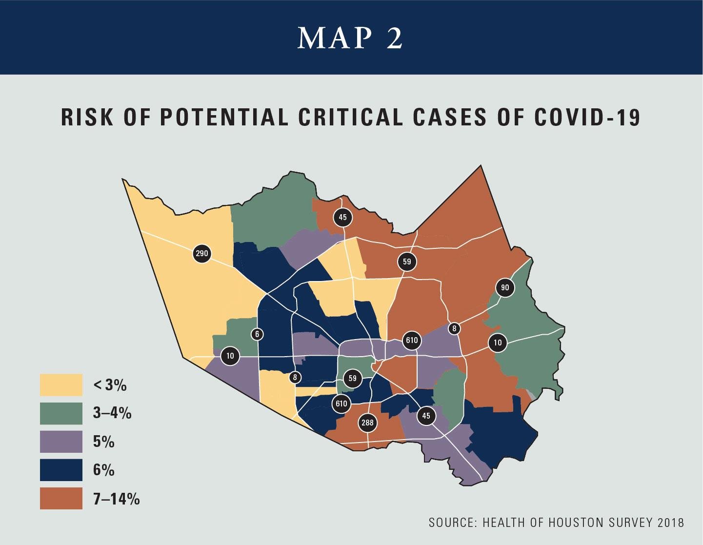 In map two, the areas of Harris County where residents are mostly likely to need critical care for COVID-19 are shown in red. (Photo by Heath of Houston/UTHealth)