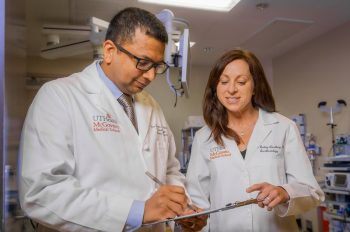 Nirav Thosani, left, MD, associate professor in the Department of Surgery, works in the lab with Jennifer Bailey, right, PhD, assistant professor in the Department of Anesthesiology, Critical Care and Pain Medicine. (Photo by UTHealth Houston)