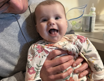 After her diagnosis of a PRRT2 genetic change, which can cause infantile epilepsy and migraines, 4-month-old Parker was switched to a medication that has helped contol her seizures. (Photo courtesy of Kelsey Schneider)