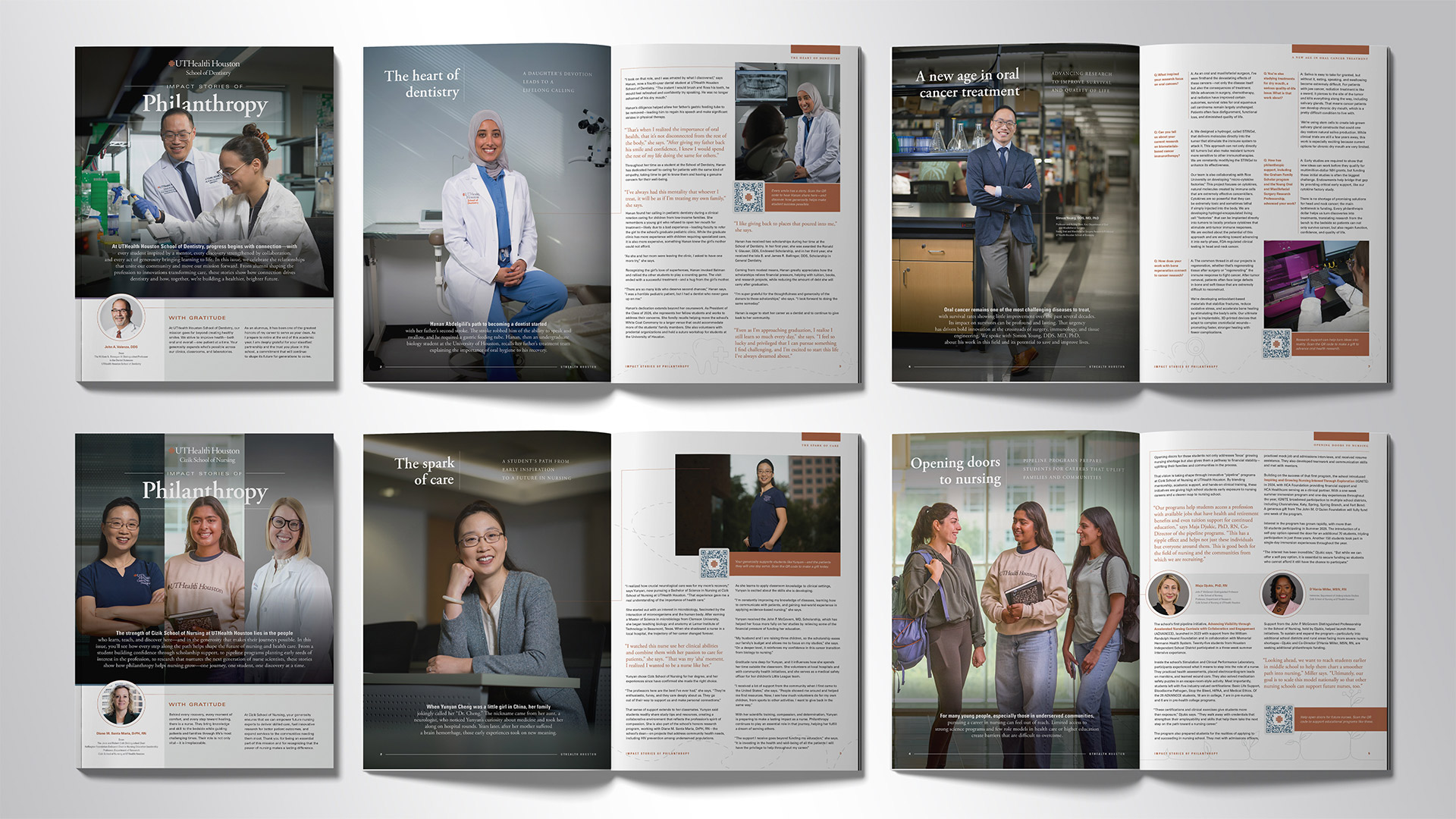 magazine spreads created by the marketing and communications team