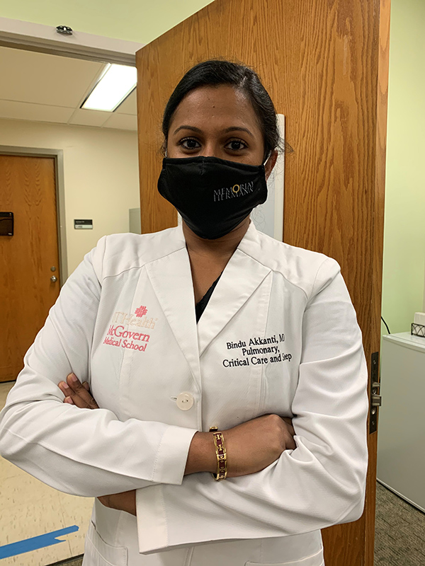Photo of Bindu Akkanti, MD, who discusses the benefit of academic medicine after one of her patients, who was enrolled in two clinical trials, recovers from COVID-19. (Photo credit: Bindu Akkanti, MD)