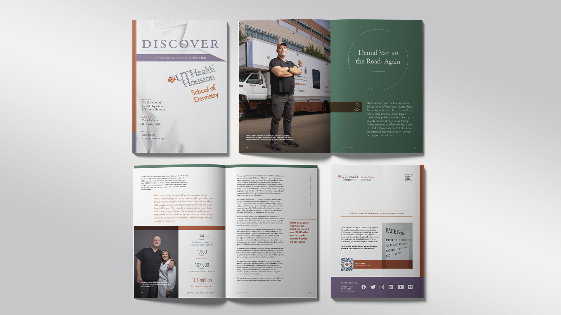 A promotional magazine layout for UTHealth Houston School of Dentistry is shown with a cover, two open interior spreads, and a back cover arranged on a light gray background. The pages include photos, article text, branding, and a feature about a dental van.