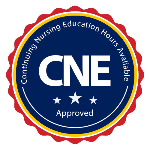 Circular badge with text ‘CNE Approved – Continuing Nursing Education Hours Available’ surrounded by a blue center and red and gold border.
