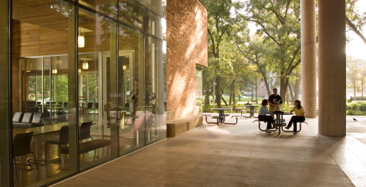 The sun shines through trees onto an outdoor patio with students sitting on a picnic bench.
