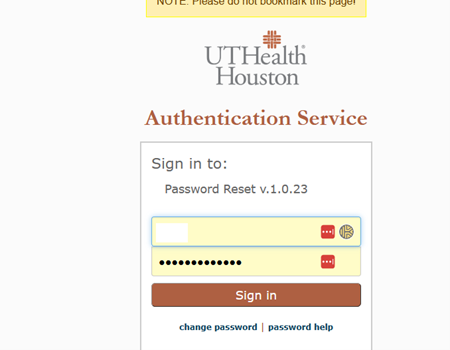 UTHealth Houston Authentication Service login screen for ‘Password Reset v1.0.23’ showing username and masked password fields, a Sign in button, and links for change password and password help.