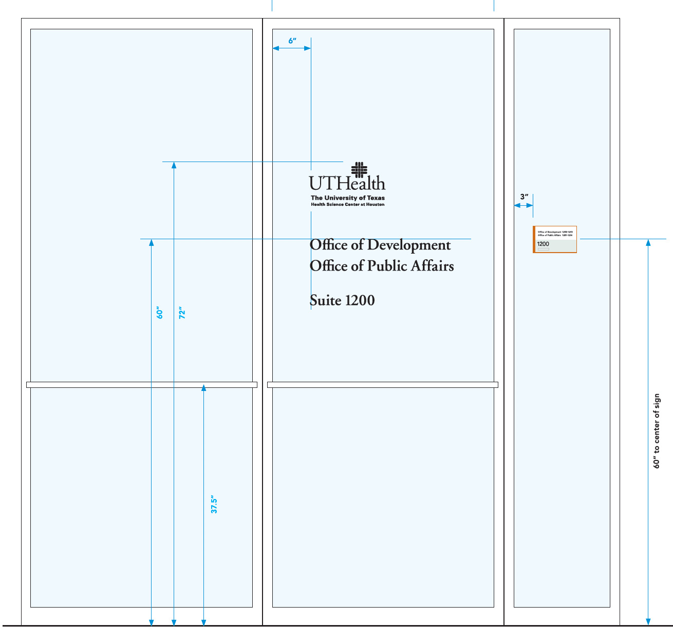 Glass door decal layout for Suite 1200 showing UTHealth Houston logo, department names, room number, and placement dimensions in inches.
