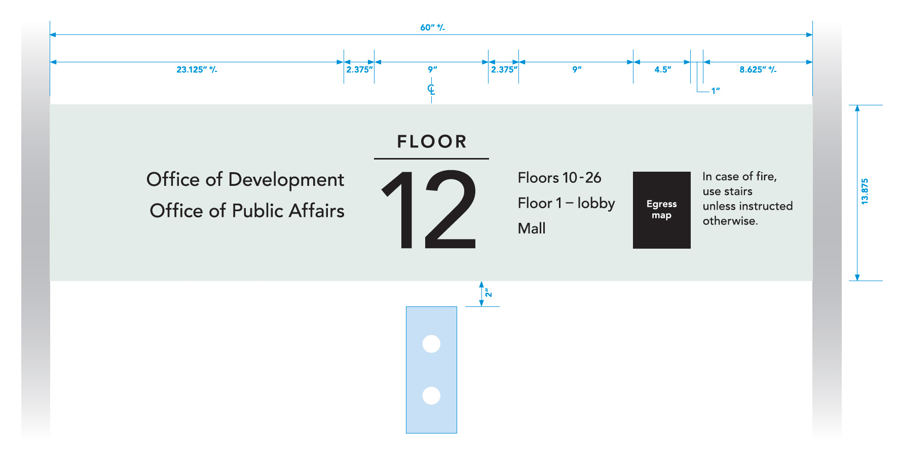 Elevator sign layout for Floor 12 showing departments, directional info, egress map, fire safety notice, and labeled dimensions in inches.