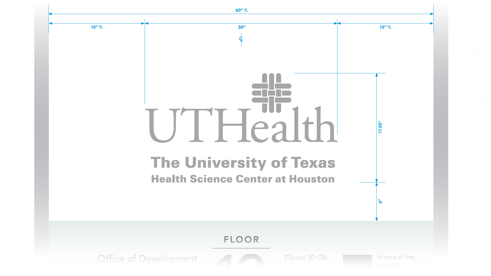 Signage layout showing the UTHealth Houston logo and full institution name with exact height and spacing measurements labeled for fabrication.