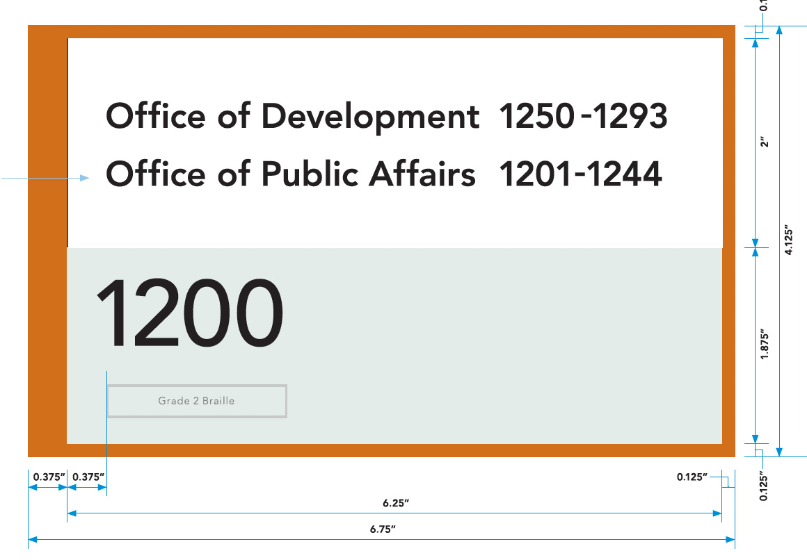 Interior room sign for Room 1200 showing department names, room number with Braille, and layout dimensions in inches for fabrication or compliance use.