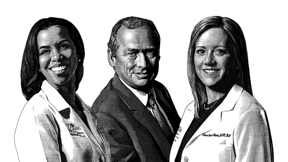 Black-and-white scratch-art portrait of UTHealth Houston leaders standing side by side and facing the camera. The two people on the left and right are wearing white coats, and the person in the center is wearing a suit and tie.