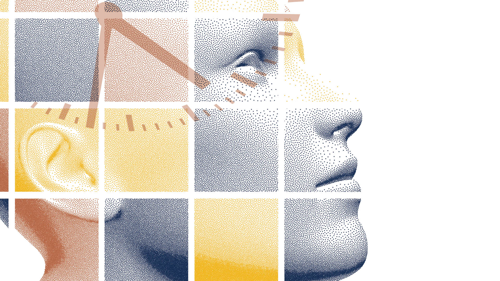 Stylized illustration of a child’s face in profile, overlaid with a grid pattern and abstract geometric elements, symbolizing learning, development, perception, and human potential. (