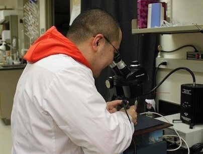 UTHealth Houston Student looking through Microscope for Research.