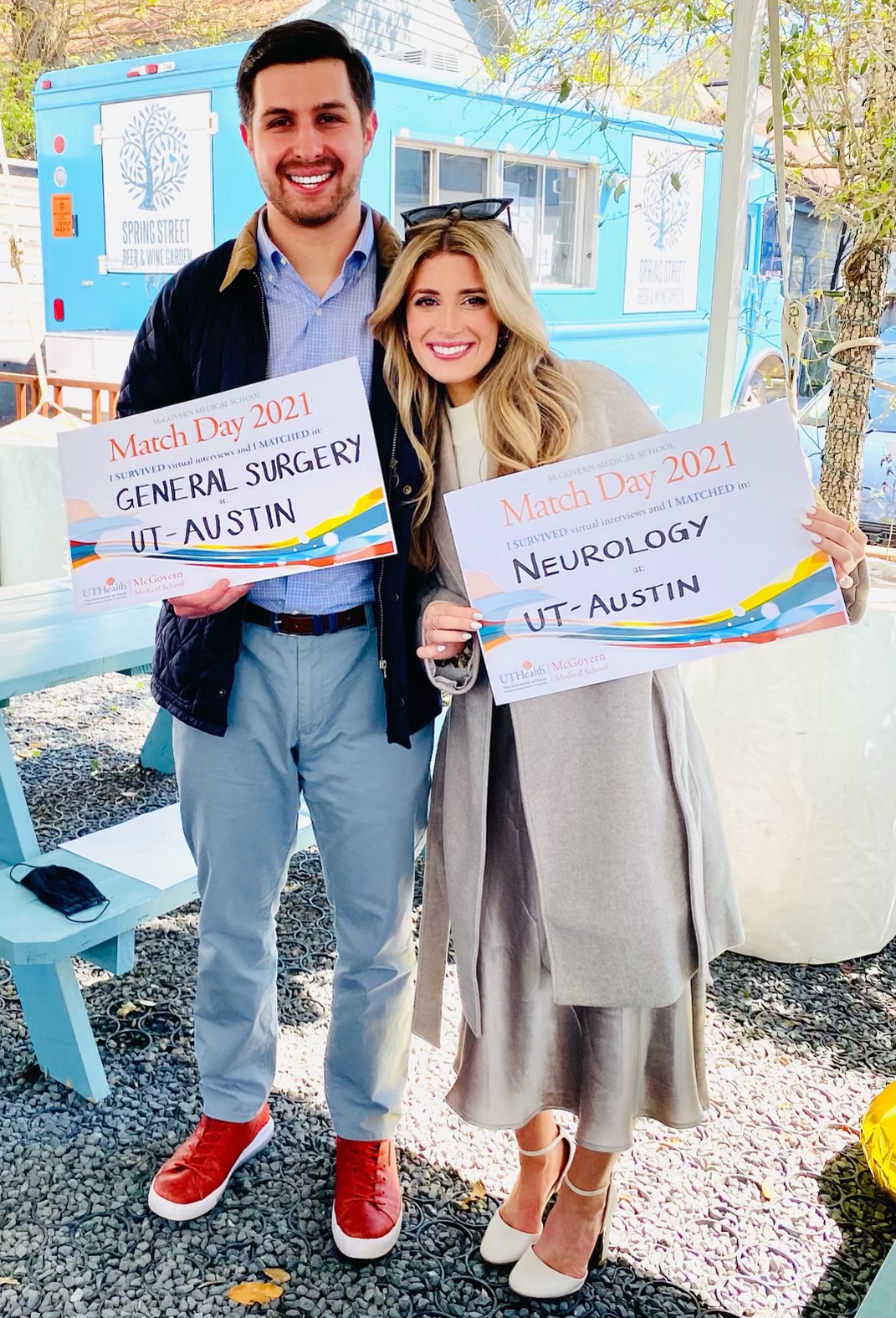 Annika Medhus, 26, and John-Paul Bach, 25, both matched to The University of Texas at Austin Dell Medical School for residencies in neurology and general surgery, respectively. (Photo by Annika Medhus and John-Paul Bach)