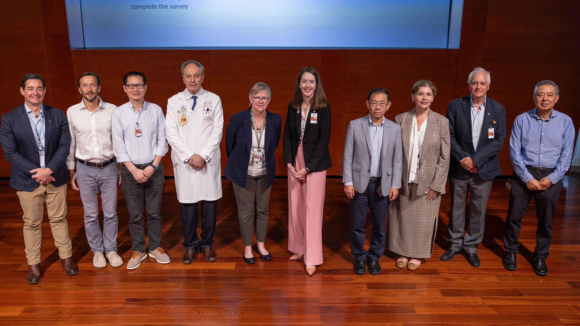 Center directors from the Brown Foundation Institute of Molecular Medicine pose for a group photo with President Melina Kibbe, MD, as part of her listing tour.