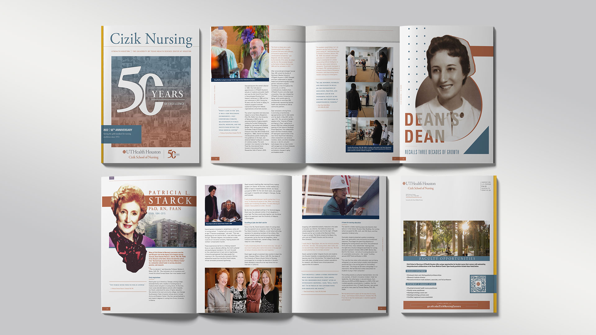 Cizik School of Nursing 50th anniversary magazine layout with pages showing historical photos, a feature on Dean Patricia Starck, alumni stories, and a timeline of nursing education at UTHealth Houston. Cover and several spreads are visible.
