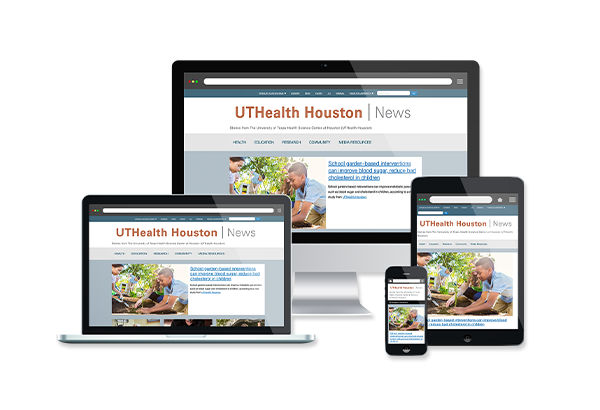 UTHealth Houston News website shown in responsive design across desktop, laptop, tablet, and smartphone screens, displaying a story with a child and caregiver in a garden setting.